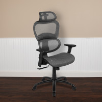 Flash Furniture H-LC-1388F-1K-GY-GG Ergonomic Mesh Office Chair with 2-to-1 Synchro-Tilt, Adjustable Headrest, Lumbar Support, and Adjustable Pivot Arms in Gray